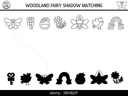 L'ombra bianca e nera delle fate del bosco si abbina all'attività degli oggetti fantasiosi. Puzzle magico della foresta con arcobaleno, chiave, pozione. Trovare la silhouette corretta p Illustrazione Vettoriale
