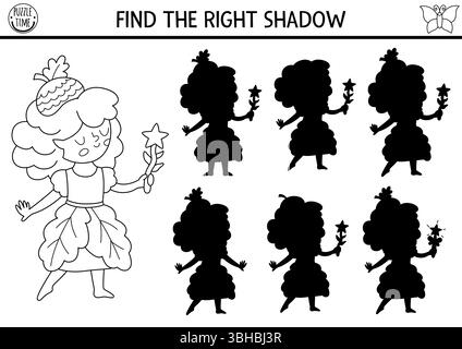 L'ombra bianca e nera delle fate del bosco si abbina all'attività della ragazza. Puzzle magico della foresta con la principessa delle ghiande. Trova il workshee stampabile della silhouette corretto Illustrazione Vettoriale