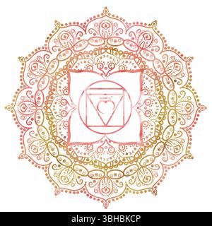 Chakra Muladhara radice di colore rosso dorato con elegante motivo mandala e lettere sanscrite al centro. Equilibrio energetico. Illus di acquerello disegnato a mano Foto Stock
