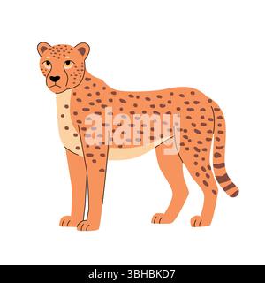 Immagine vettoriale piatta di un ghepardo con un mantello arancione, macchie scure e coda a righe. Design pulito e stilizzato, ideale per la fauna selvatica, il safari, o. Illustrazione Vettoriale