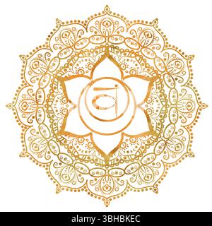 Chakra Svadhisthana sacrale di colore arancione dorato con elegante motivo mandala e lettere sanscrite al centro. Equilibrio energetico. Acquerello disegnato a mano Foto Stock
