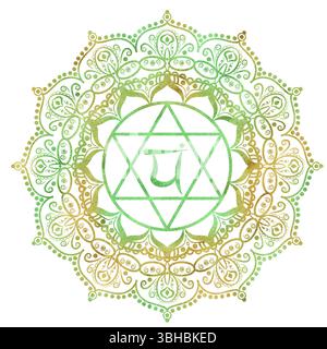 Cuore chakra Anahata di colore verde dorato con elegante motivo mandala e lettere sanscrite al centro. Equilibrio energetico. Illu di acquerello disegnato a mano Foto Stock