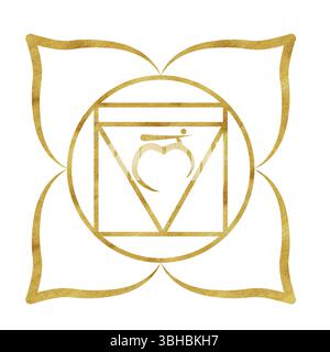 Chakra Muladhara radice con texture dorata e lettere sanscrite al centro. Equilibrio energetico curativo. Illustrazione ad acquerello disegnata a mano. India etnica Foto Stock