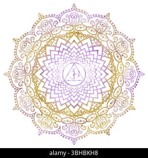 Corona chakra Sahasrara di colore lilla dorata con elegante motivo mandala e lettere sanscrite al centro. Equilibrio energetico. Acquerello disegnato a mano Foto Stock