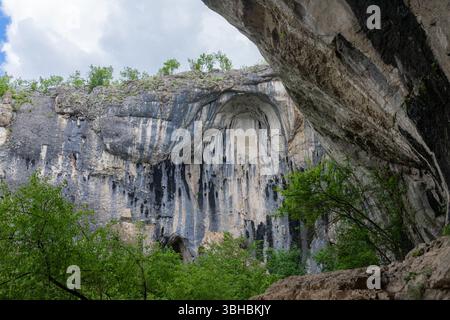 Parete di roccia verticale con striature nere e foresta in primo piano sotto il cielo nuvoloso. Foto Stock