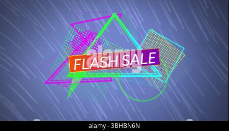 Visualizzazione grafica che animano le forme al neon su sfondo sfumato, con banner IN VENDITA FLASH. Vibrante, futuristico, geometrico, digitale, energetico, abstra Foto Stock