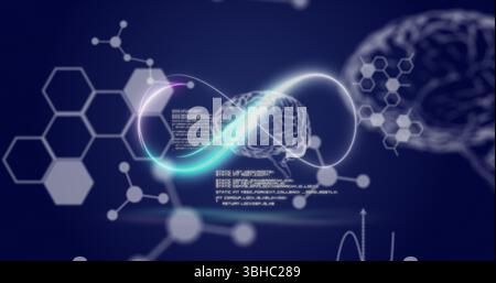 Immagine dell'infinito neon sul cervello, formule chimiche e dati sullo sfondo della marina. Rete globale, scienza, dati e concetto tecnologico genere digitale Foto Stock