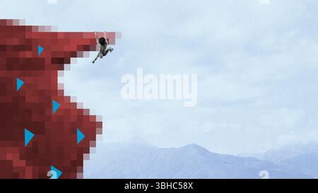 L'uomo si arrampica su una parete di scogliera con un triangolo blu che regge sopra le montagne, simboleggiando la crescita personale. Design grafico astratto Foto Stock