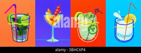 Design astratto. Collage. Quattro diversi cocktail con vari tipi di frutta e cannucce in bicchieri con vivaci sfondi colorati. Foto Stock