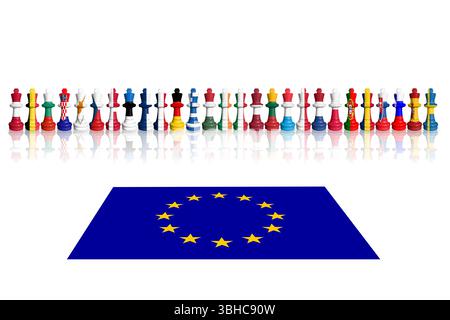 Scacchi fatti con bandiere dei membri dell'UE con bandiera dell'Unione europea Foto Stock