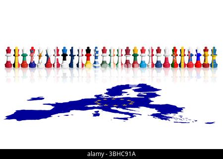 Scacchi fatti con bandiere dei membri dell'UE e mappa dell'Unione europea Foto Stock
