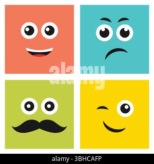 Set di quattro emoticon colorate con un sorriso, un volto infelice e serio con baffi e un viso sorridente con un occhiolino. Icona emoji nel quadrato. Backgroun piatto Illustrazione Vettoriale