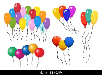 Mazzi di palloncini di elio di diversi colori. Illustrazione vettoriale. Illustrazione Vettoriale