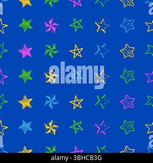 Sfondo perfetto di stelle doodle. Stelle multicolore disegnate a mano su sfondo blu. Illustrazione vettoriale Illustrazione Vettoriale