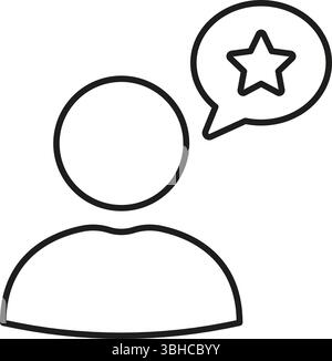 Utente con icona a forma di bolla vocale a stella. Simbolo del feedback, della revisione e della valutazione dei clienti. Soddisfazione del cliente e rappresentazione di testimonianze Illustrazione Vettoriale