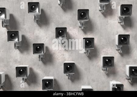 Telecamere di sicurezza multiple montate su una parete di cemento, che garantiscono la sorveglianza e migliorano la sicurezza. Concetto di grande fratello. Foto Stock