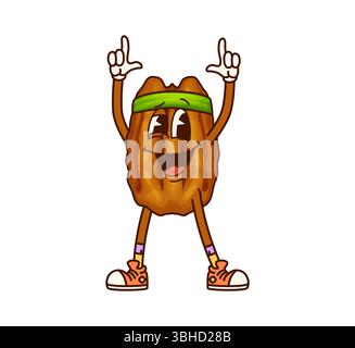 Personaggio cartoni animati con semi di noce con faccia divertente, emoji fumettistica vettoriale. Seme di noci con un sorriso felice e un'atmosfera di buon umore con fascia sportiva per il fitness e gesti di tendenza per il personaggio dei cartoni animati Illustrazione Vettoriale