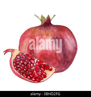Fetta intera di melograno e melograno, illustrazione ad acquerello, adatta per stampe, imballaggi, design Foto Stock
