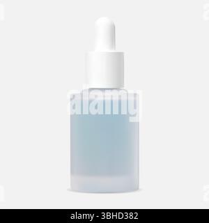 Mockup della bottiglia di siero. Contenitore in vetro per trattamento cosmetico. Confezione contagocce per pipette per olio essenziale, illustrazione vettoriale vuota. Collagene facciale umido Illustrazione Vettoriale