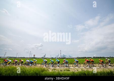 Anversa, Belgio. 9 giugno 2025. Il gruppo di piloti fotografati in azione durante la gara ciclistica di un giorno d'élite maschile di Anversa Port Epic, 182 km a Anversa e dintorni, seconda gara (2/8) nella lotto Belgium Cup, domenica 08 giugno 2025. BELGA FOTO DAVID PINTENS credito: Belga News Agency/Alamy Live News Foto Stock