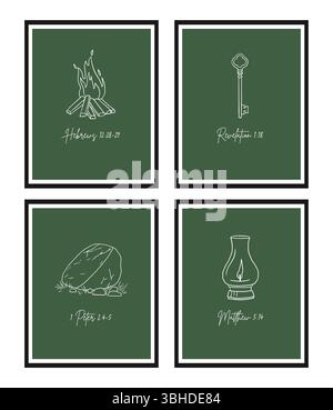 Simboli della linea cristiana poster dello schizzo, religione arte disegnata a mano, decorazione della parete della Bibbia Illustrazione Vettoriale