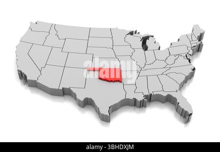 Mappa dello stato dell'Oklahoma, Stati Uniti, isolata su bianco. Foto Stock
