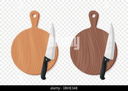 Tagliere in legno con cassettiera per carne, illustrazione vettoriale. Tagliere da cucina per la preparazione degli alimenti. Coltello da macellaio per tagliare la carne. Utensili da cucina Illustrazione Vettoriale