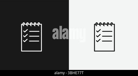 Notebook a spirale con icona contorno bianco con elenco attività selezionato su sfondo bianco e nero, che rappresenta la produttività o la pianificazione Illustrazione Vettoriale