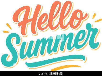 Hello Summer citazione colorata scritta a mano con carattere script ed elementi decorativi su sfondo bianco Illustrazione Vettoriale