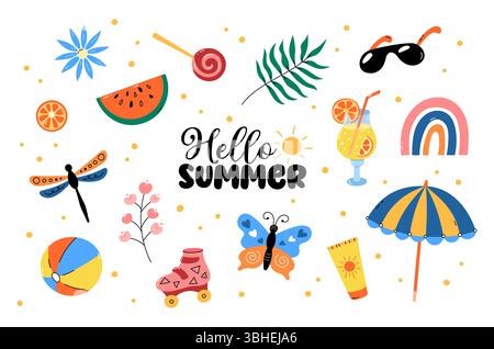 Ciao Set vettoriale estate, clipart, elementi grafici. Collezione di illustrazioni di oggetti carini come cocktail, sole, farfalla, oggetti da spiaggia e anguria Illustrazione Vettoriale