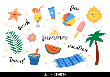 Set clipart estivo. Collezione di illustrazioni vettoriali di elementi carini come il sole, la palma, gli oggetti da spiaggia e l'anguria. Vacanze estive, design di viaggio Illustrazione Vettoriale