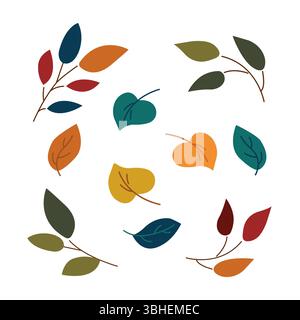 Colorato set illustrativo di foglie d'autunno. Semplice stile cartoni animati. Illustrazione vettoriale. Progettazione di adesivi, logo, app web e mobile, stampa, biglietti, Illustrazione Vettoriale