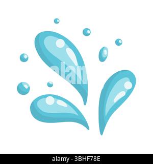 Spruzzi d'acqua con goccioline blu di diverse dimensioni. Illustrazione isolata Cartoon Vector su sfondo bianco Illustrazione Vettoriale