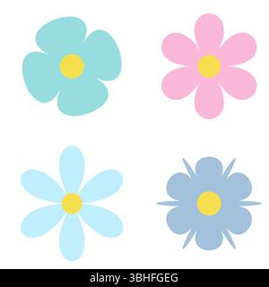 Set minimalista di fiori piatti pastello. 4 graziosi elementi floreali cartoni animati. Illustrazione vettoriale Illustrazione Vettoriale