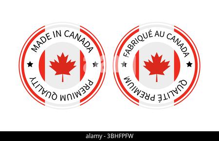 Etichette rotonde prodotte in Canada in inglese e francese. Icona del vettore del marchio di qualità. Perfetto per design di logo, etichette, badge, adesivi, emblemi, pro Illustrazione Vettoriale