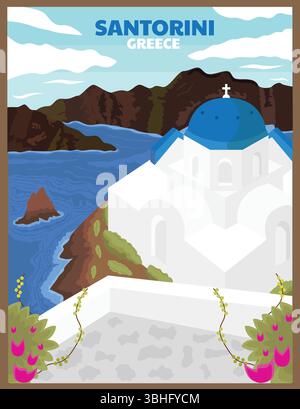Illustrazione Vector di Santorini Grecia poster di viaggio d'epoca Illustrazione Vettoriale