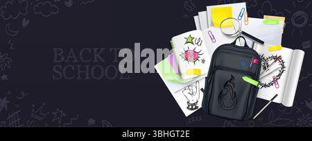 Ritorno alla scena scolastica in 3D con zaino nero, quaderni con scarabocchi punk, lente d'ingrandimento e cancelleria colorata su sfondo lavagna. Materiale didattico per lo stile di vita o la promozione degli studenti. Illustrazione Vettoriale