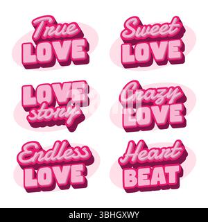 Set di effetti di testo romantici con scritte 3D audaci e script corsivo in tonalità rosa Illustrazione Vettoriale