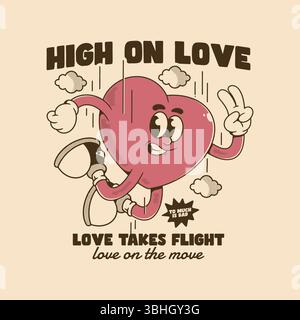 Affascinante cuore di cartoni animati che vola innamorato di un gesto di pace, stile comico retrò a mezzitoni Illustrazione Vettoriale
