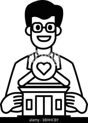 Un uomo ha in mano un edificio e sorride. L'edificio ha un cuore su di esso, il che suggerisce che è un luogo di amore o gentilezza Illustrazione Vettoriale