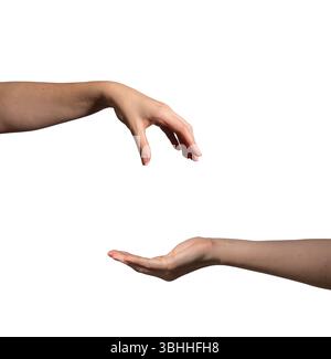 Mano che si allontana con il palmo aperto, chiedendo aiuto o donazione. Gesto di donare e ricevere, esprimendo il bisogno e l'assistenza. Isolato sulla schiena bianca Foto Stock