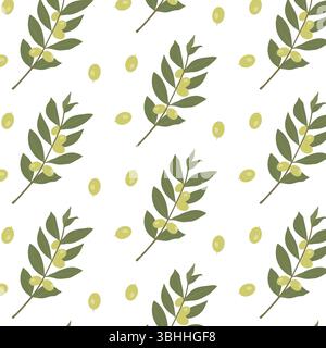 Motivo senza cuciture vettoriale botanico. Rami di ulivo con frutta, olive su sfondo bianco. Perfetto per i tessuti e il confezionamento di prodotti biologici Foto Stock