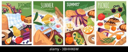 Set di banner per picnic estivi. Weekend all'aperto, riunione di famiglia o festa con gli amici nel parco con cibo e coperta. Festeggiamenti naturali con frutta e snack. Insegna vacanza pranzo e relax. Tempo libero. Illustrazione Vettoriale
