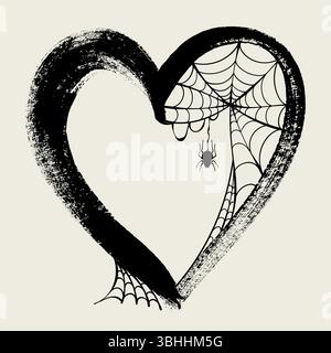 Halloween Grunge Black Heart Symbol con Spider Web. Segno d'amore spettrale con bordi ruvidi e ragnatela. Forma astratta a mano libera del cuore con linea Illustrazione Vettoriale