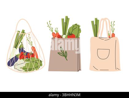 Illustrazione di tre borse della spesa ecologiche piene di verdure fresche. Stile piatto minimalista, perfetto per promuovere il mercato agricolo a zero sprechi Illustrazione Vettoriale