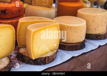 Selezione gourmet di formaggi artigianali in una bancarella di mercato. Una varietà di forme di formaggio con diversi colori e consistenze. Il mercato degli agricoltori presenta un vibr Foto Stock