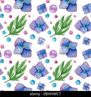 Fiori da giardino rosa isolati su sfondo bianco, illustrazione ad acquerello. Bouquet floreale rosa, bordo di peonie Bordeaux. ortensia lilla, telaio Foto Stock