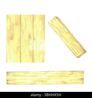 Tavole di legno in tre diversi angoli dipinte ad acquerello con calde tonalità gialle. Ideale per dimostrazioni modulari di texture del legno, sfondi di segnaletica o modelli a tema costruttore Foto Stock