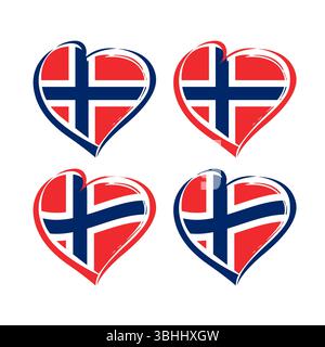 Set di cuori creativi disegnati a mano con bandiera norvegese. Benvenuto in Norvegia, simbolo. Icone delle vacanze. Concetto di identità di branding. Segno astratto Illustrazione Vettoriale