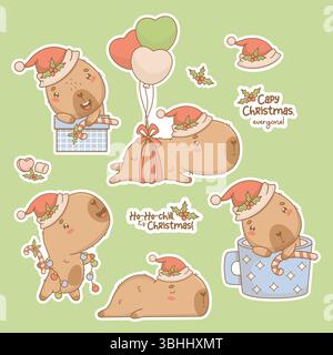 Carino Natale Natale Capybara adesivi. Personaggio divertente nel cappello di Babbo Natale in confezione regalo, dormendo, in tazza, con ghirlande e palloncini con slogan. Isolato Illustrazione Vettoriale